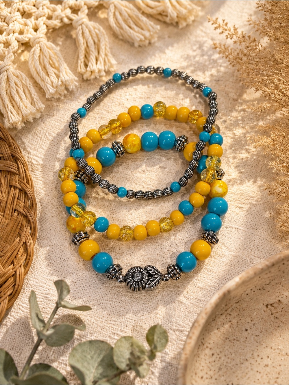 Turquoise & Yellow Beaded Women's Bracelet Stack